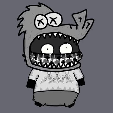 Cartoon character illustration of a grey-haired figure with X-shaped eyes and a wide grinning mouth full of sharp teeth, wearing a barbed wire shirt against a grey background.