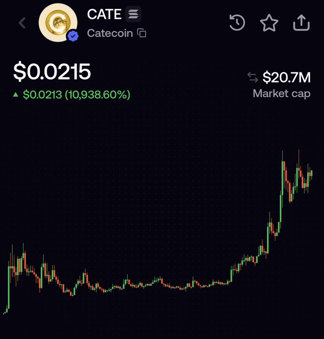 A cryptocurrency price chart for Catecoin (CATE) showing a current price of $0.0215 with a market cap of $20.7M, displaying a massive 10,938.60% gain. The chart visually supports the post's celebration of the community surpassing the 20M market cap milestone after starting at 3M.