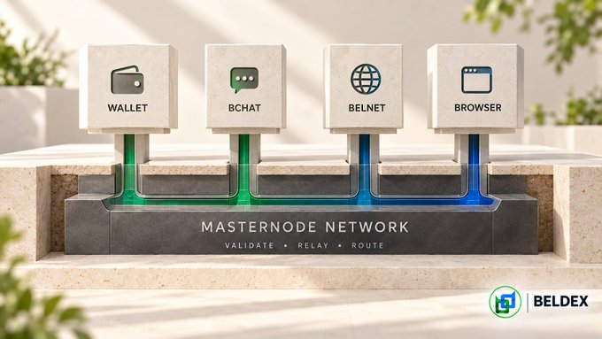 A 3D rendered graphic for Beldex illustrates a masternode network with four icons: Wallet, BChat, BelNet, and Browser connected through a validation system.