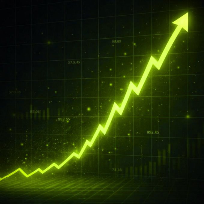 A glowing green upward-trending arrow shoots across a dark grid background dotted with floating numerical values like "37.5.18," "94.03," "57.5.45," "982.55," "992.45," and "78.86," visually representing explosive gains and supporting the post's speculation about which Robinhood-listed coin could deliver a 100x return.