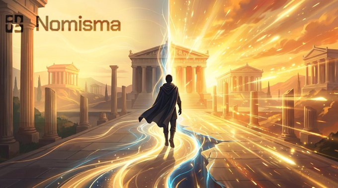 The image features a man walking through an ancient city with columns and buildings. The background of the image has a sunset effect, creating a warm atmosphere. The caption for the image reads "Stage 9 is now live on @NomismaNetwork with 100,000 Diamonds up for grabs. Stay active across EVM chains to maximize Points and Diamonds while the free testnet is still running. Meanwhile, @wallchain keeps proving that real attention matters."