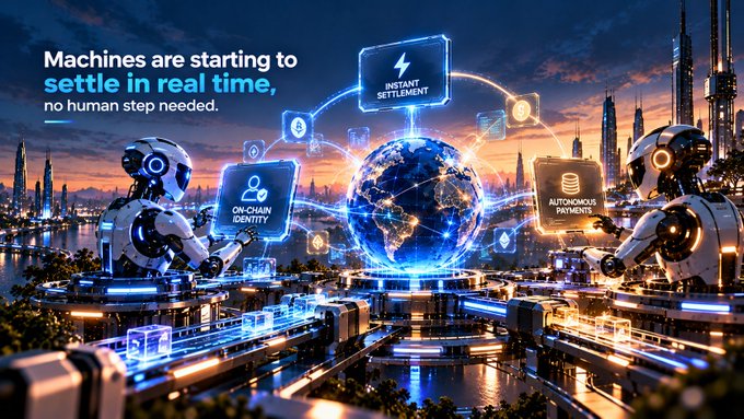 A futuristic AI-themed graphic showing two robots and a glowing globe with labels 'INSTANT SETTLEMENT', 'ON-CHAIN IDENTITY', and 'AUTONOMOUS PAYMENTS', captioned 'Machines are starting to settle in real time, no human step needed.'