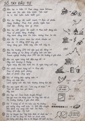 A handwritten Vietnamese study notes page titled "SỐ TAY ĐẦU TƯ" (Investment Notebook) features personal financial reflections in Vietnamese alongside simple black ink doodles of houses, people, and symbols—relating to the post's theme of investors abandoning the market as Bitcoin enters the final downtrend stage.