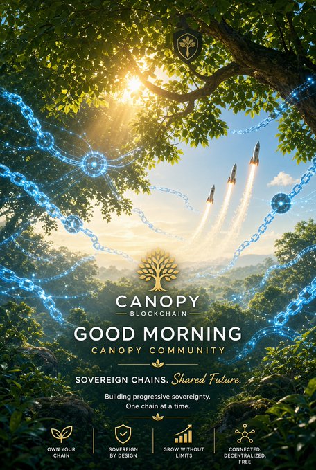 A promotional graphic for 'Canopy Blockchain' wishing the 'Canopy Community' a good morning, featuring a fantasy forest scene with glowing blue chains, a tree logo, and rockets launching into the sky.