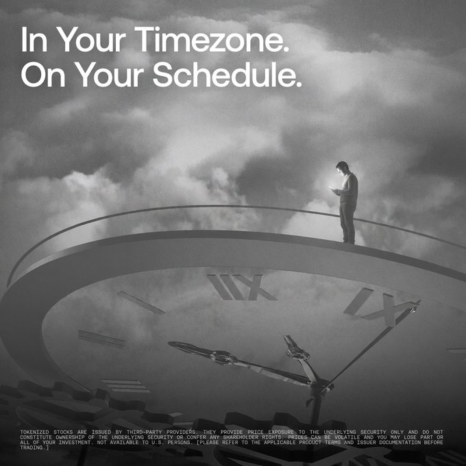 The black-and-white image features the headline "In Your Timezone. On Your Schedule." above a surreal scene of a man in a suit standing on the rim of a giant clock face set against a dramatic cloudy sky, with the clock's hands prominently displayed below him. The accompanying post promotes The New Money App's offerings of 70+ tokenized US stocks & ETFs, TradFi Perps for hedging, and trading bots, with the image's theme of time and the giant clock visually reinforcing the post's message about flexible, on-demand trading on the user's own schedule.
