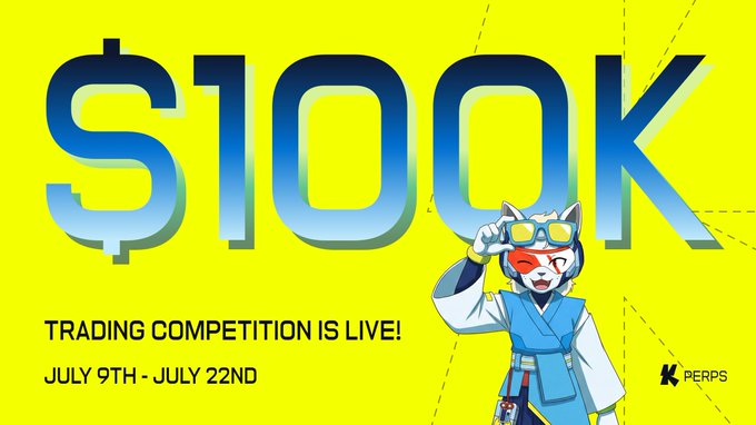 A promotional graphic announces a "$100K Trading Competition" running from July 9th to July 22nd on Katana Perps, featuring the platform's blue-haired fox mascot against a bright yellow background, directly illustrating the $100K USDC prize pool mentioned in the accompanying post.