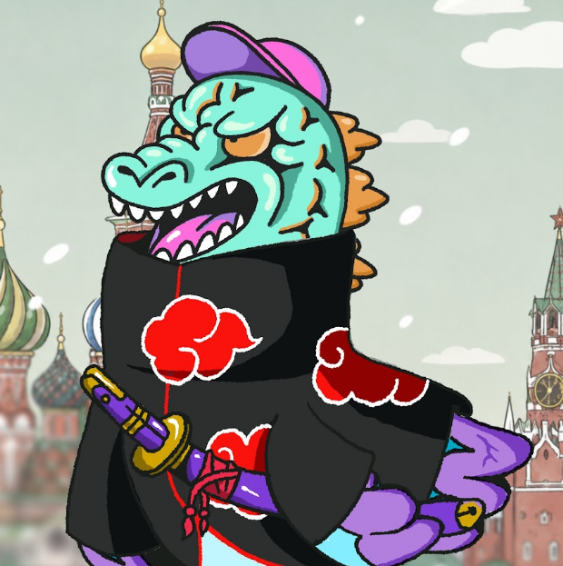 A cartoon green dragon wearing a black Akatsuki-style cloak and wielding a purple sword stands in front of St. Basil's Cathedral in Moscow. The image appears unrelated to the accompanying post, which is about a giveaway from @RallyOnChain for a free WL (whitelist) mint, requiring participants to follow, like, retweet, and comment, with winners announced in 48 hours.