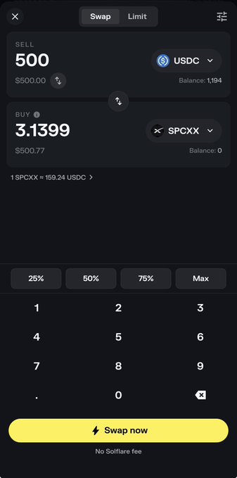 This image shows a cryptocurrency swap interface on Solflare, with 500 USDC being traded for 3.1399 SPCXX. This illustrates the post's invitation to trade SpaceX ($SPCXx) on Solflare.