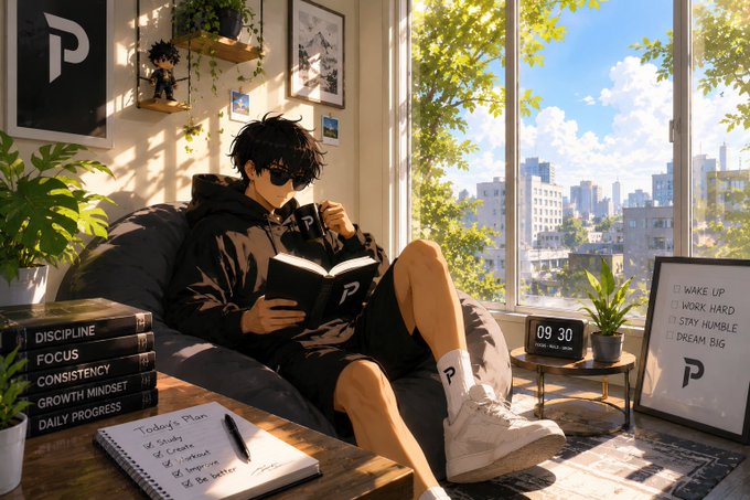 An anime-style illustration of a young man with messy hair reading a book by a sunlit window, surrounded by motivational books labeled 'DISCIPLINE', 'FOCUS', 'CONSISTENCY', and a 'Today's Plan' notebook.