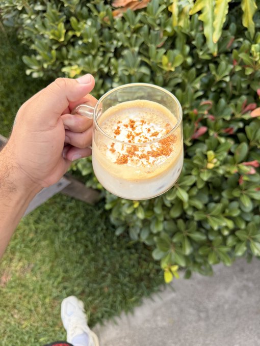 A hand holding a clear glass mug containing an iced coffee drink topped with foam and cinnamon powder, with green foliage in the background.