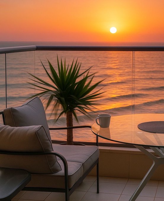 A serene outdoor balcony features a cushioned chair, a small glass table with a coffee mug, a potted plant, and a stunning view of the ocean at sunset.