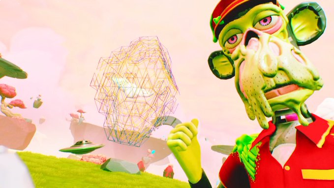 A green-skinned cartoon character in a red uniform stands in a surreal, colorful landscape with a wireframe geometric structure floating in the pink-hued sky, while gesturing with a raised hand in apparent contemplation—matching the "hmm" caption with a puzzled, thoughtful pose.