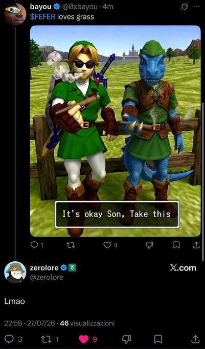 The image shows a tweet from "bayou" (@0xbayou) captioned "$FEFER loves grass" featuring a screenshot from The Legend of Zelda: Ocarina of Time where adult Link (in green tunic) offers the Lens of Truth to a blue reptilian character, with dialogue reading "It's okay Son, Take this." Below, zerolore (@zerolore) replies "Lmao," which relates to the meme by using the Zelda scene as a humorous metaphor for the FEFER token's rapid launch and the resulting chain congestion, suggesting the token is being handed off despite trading being broken.