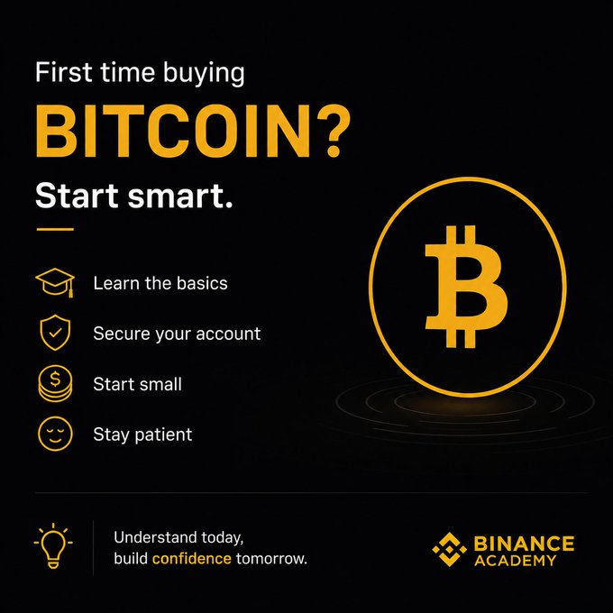 A Binance Academy promotional graphic titled "First time buying BITCOIN? Start smart," featuring a large Bitcoin logo and four tips: Learn the basics, Secure your account, Start small, and Stay patient, with the tagline "Understand today, build confidence tomorrow." The image reinforces the post's message by emphasizing foundational steps and caution over chasing price movements.
