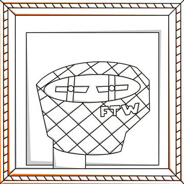 A simple line drawing of a person wearing a bandana mask with "FTW" written on it, displayed inside a framed picture.