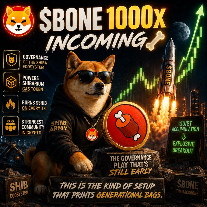 A promotional graphic featuring a Shiba Inu wearing sunglasses and a "SHIB ARMY" hoodie alongside a "BONE" rocket and upward green chart, highlighting $BONE as the early governance token of the Shibarium ecosystem with potential 1000x returns. The visual matches the post's bullish message by emphasizing $BONE's role in the Shib ecosystem while displaying tags like #ShibArmy, #1000xGem, and "Still Early."