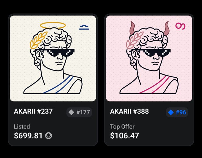 The image displays two NFT listings from AKARI (#237 and #388) featuring stylized classical bust illustrations wearing "deal with it" sunglasses—one with a golden halo and blue toga priced at $699.81, the other with pink horns and pink toga with a top offer of $106.47—representing the user's minted NFTs on the Akadotfun platform on the Arc Network.