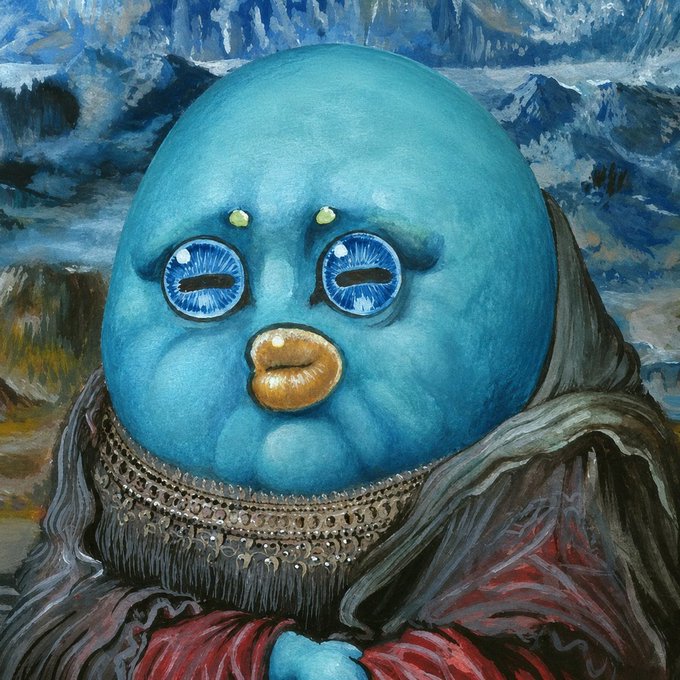 A surreal painting of a blue, egg-shaped figure with large tearful eyes and golden lips, dressed in ornate robes against a turbulent blue sky.