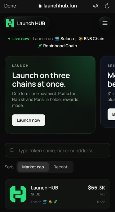 Screenshot of launchhub.fun, a cryptocurrency launch platform, showing 'Launch on three chains at once' with options for Solana, BNB Chain, and Robinhood Chain, plus a token listing for Launch HUB ($HUB) with $66.3K market cap.