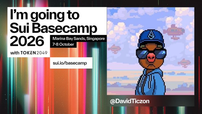 A promotional graphic for 'Sui Basecamp 2026 with TOKEN2049' at Marina Bay Sands, Singapore on 7-8 October, displaying 'sui.io/basecamp' and featuring a pixel art bear avatar wearing sunglasses and a blue cap, credited to '@DavidTiczon'.