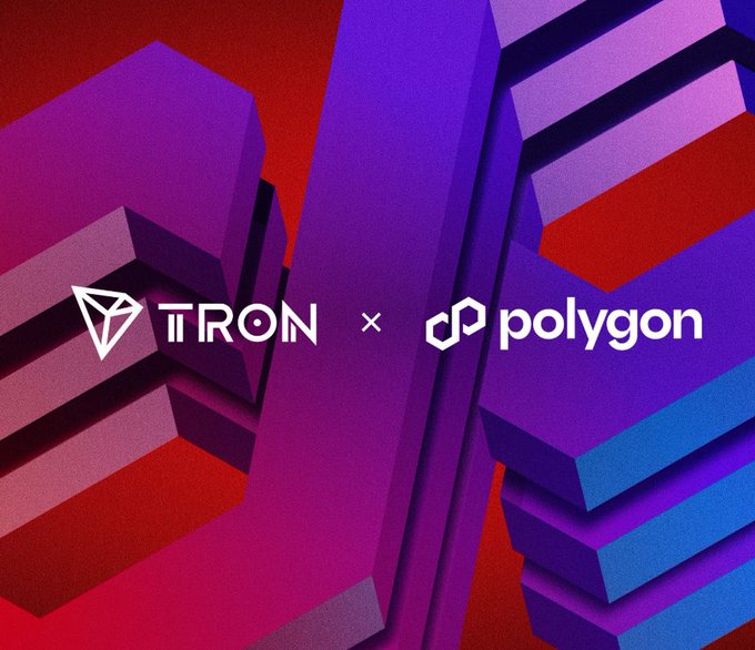 A promotional graphic announcing a partnership between TRON and Polygon, featuring their logos against a purple and red 3D geometric background.