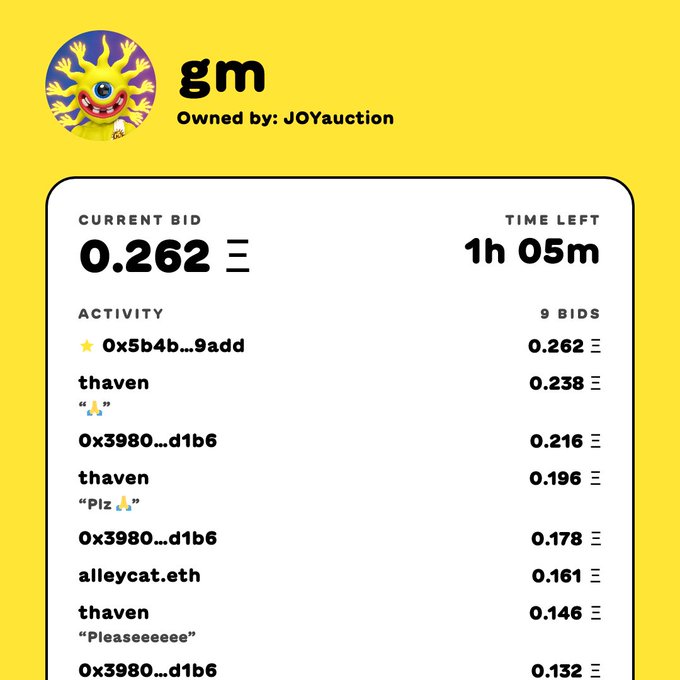 An NFT auction listing shows a "gm" token with a current bid of 0.262 ETH, 1h 05m time left, and 9 bids from various accounts including "thaven" and "0x3980...d1b6".