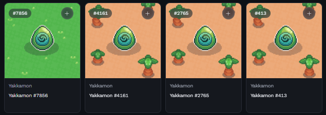 Four digital collectible cards titled 'Yakkamon' showing green egg creatures, numbered #7856, #4161, #2765, and #413.