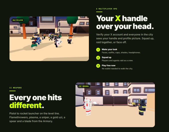Promotional graphic for a multiplayer RPG game showing 'Your X handle over your head' and 'Every one hits different' features, with screenshots of blocky character gameplay featuring 11 weapons.