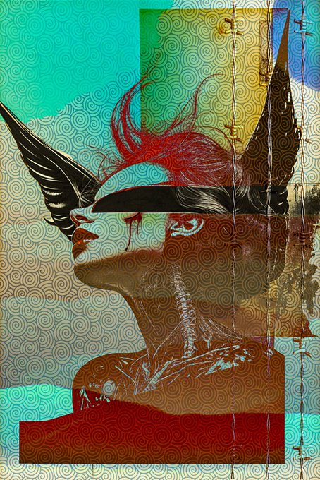 A colorful mixed-media artwork featuring a woman's profile wearing a winged mask, set against a background of teal swirls and yellow/blue blocks.