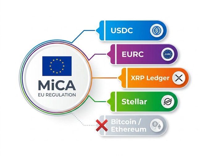 "MiCA, the MiCA regulation will be implemented starting July 1st. Bitcoin and Ethereum are excluded from core regulations as they have no issuer. The coins chosen by MiCA are USDC. EURC. They are stablecoins issued and backed by institutions".