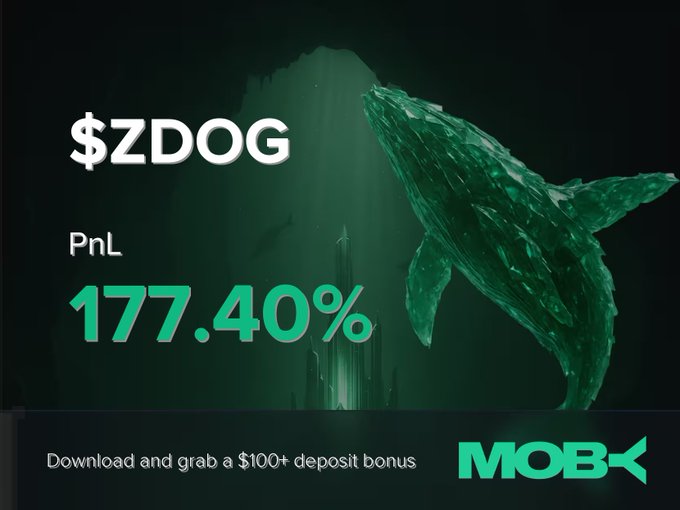A Moby Mobile win alert graphic displays "$ZDOG" with a remarkable PnL of "+177.40%" alongside a green whale illustration underwater, promoting a $100+ deposit bonus download offer.