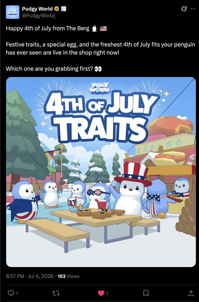 A social media post from Pudgy World (@PudgyWorld_) celebrating the 4th of July with festive penguin traits and an illustration of penguins at a barbecue wearing patriotic American accessories.