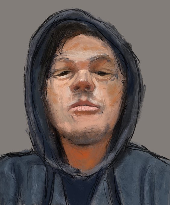 A painted portrait of a man wearing a dark hoodie against a gray background, rendered in visible brushstrokes.