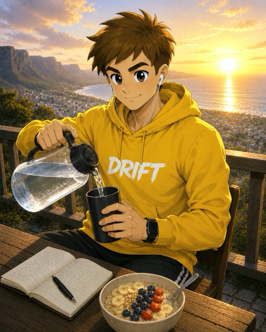 An anime-style young man in a yellow "DRIFT" hoodie pours water from a pitcher while enjoying a breakfast of oatmeal and berries at sunset, with earbuds, a smartwatch, and an open notebook on the table—capturing a peaceful "good morning" routine.