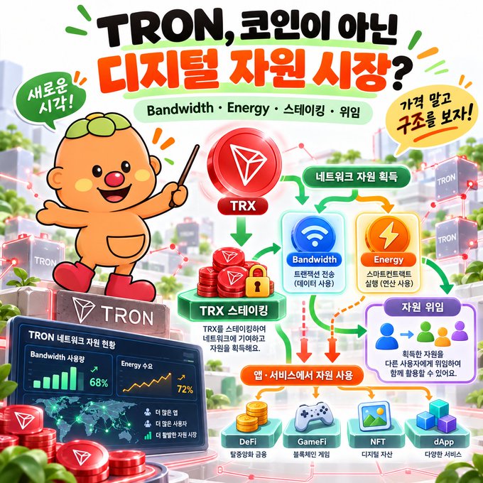 A Korean-language infographic titled 'TRON, 코인이 아닌 디지털 자원 시장?' (TRON, a digital resource market, not a coin?) illustrating the TRX network, bandwidth, energy, and staking systems.