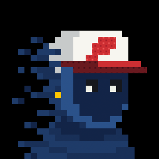 A pixel art illustration shows a blue ghost-like figure wearing a red and white baseball cap, with pixelated fragments trailing off to the left against a black background.