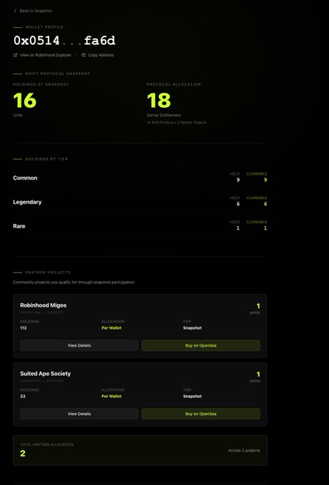 A dark-themed cryptocurrency wallet profile page showing an address starting with '0x0514', 16 holdings, and project names like 'Robinhood Migos' and 'Suited Ape Society'.
