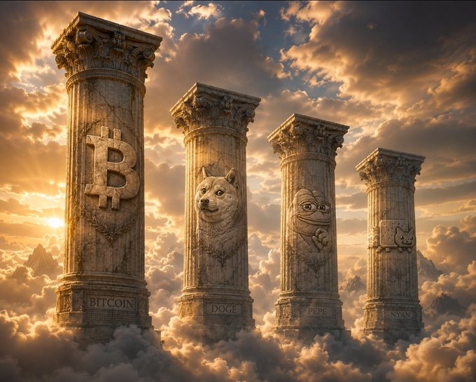 A fantasy scene depicting four large stone Greek-style columns standing in clouds at sunset, each engraved with the logos/symbols for cryptocurrencies: Bitcoin (₿), Doge (Doge face), Pepe (Pepe the Frog face), and a fourth labeled 'INJ' (Injective).