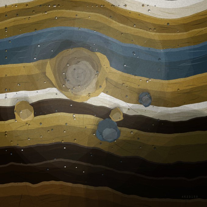 An abstract digital painting features horizontal wavy bands of brown, blue, white, and black colors with several circular shapes, resembling a stylized landscape.