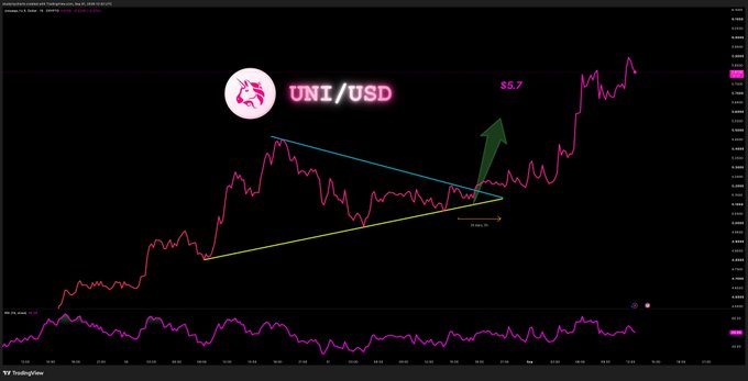 The image displays a UNI/USD price chart showing a breakout from a symmetrical triangle pattern, with an arrow indicating an 85.7% projected upward move following the technical breakout—aligning with the post's confirmation that the bullish target has been tapped.
