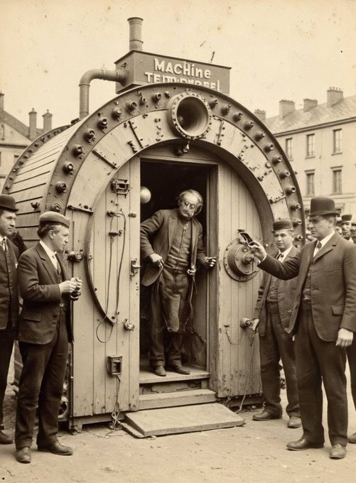 The image features a group of men standing around an old-fashioned machine with a large door, possibly a steam room or a small building. The men are dressed in suits and ties, suggesting that they might be attending a formal event or gathering. One man is holding a cell phone, which could be used to capture the moment or communicate with others. The image also contains text that reads "One morning you wake up... The calendar shows 2016. You have money in your pocket. And you know what happens 10 years from now. What would you do? What would happen?" This implies that there is a sense of nostalgia and reflection on the passage of time, as well as an anticipation for future events or changes.