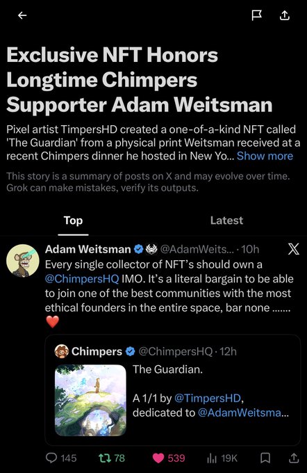 An X (Twitter) post titled 'Exclusive NFT Honors Longtime Chimpers Supporter Adam Weitsman' about 'The Guardian' NFT created by pixel artist TimpersHD, showing engagement metrics.