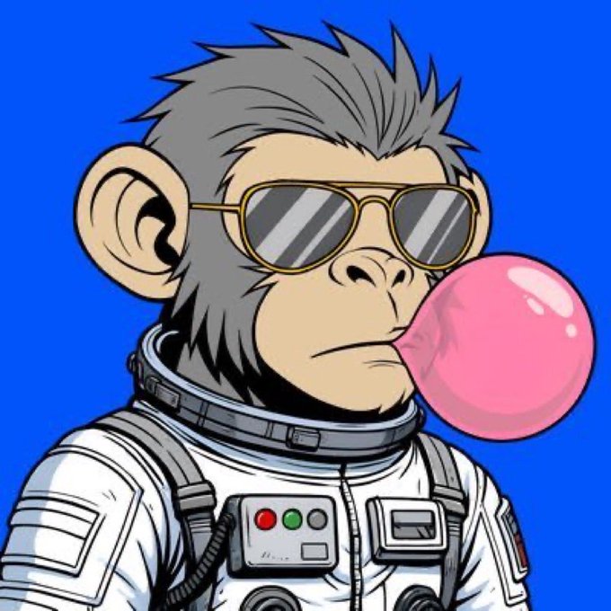 A cartoon monkey astronaut in a spacesuit blows a pink bubblegum bubble against a blue background.