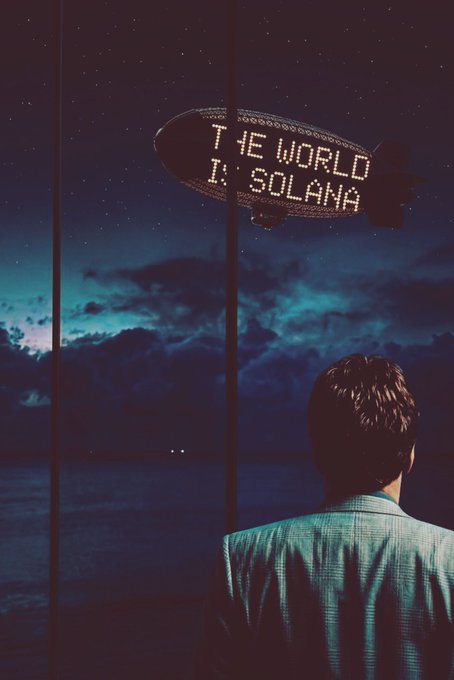 An artistic illustration shows a man from behind looking at a blimp in the night sky displaying the message "THE WORLD IS SOLANA."