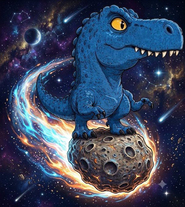 A digital illustration of a blue cartoon T-Rex dinosaur standing on a fiery asteroid, set against a colorful cosmic background with stars, planets, and swirling nebulas.
