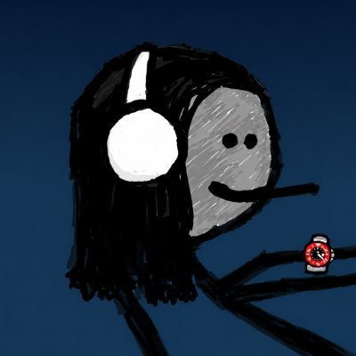 A stylized digital sketch on a dark blue background depicts a side profile of a character with long black hair, a white circular eye, a simple smiling face, and a cigarette in their mouth, wearing a black jacket with a small red circular pin.