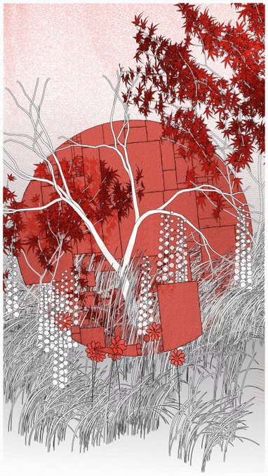 An artistic illustration featuring a large red circular sun behind delicate white tree branches, red maple leaves, and a field of flowers and grass.