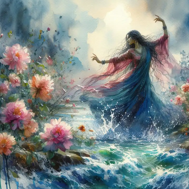 A watercolor painting depicts a flowing woman in a colorful dress dancing among vibrant pink flowers and splashing water under a bright sky.