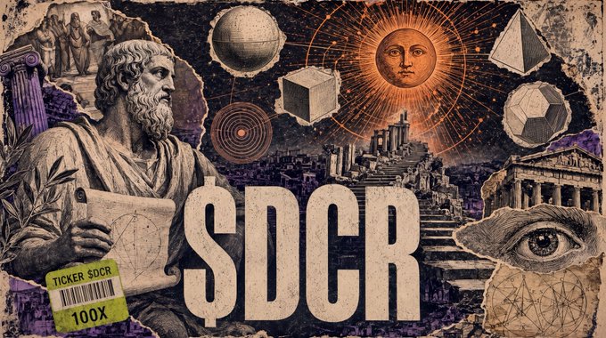 A vintage-style collage featuring a bearded classical figure, geometric shapes, a sun face, and architectural elements, with the text 'SDCR' prominently displayed and a 'TICKER SDCR 100X' label.