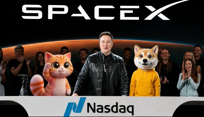 A promotional banner featuring Elon Musk standing between an animated orange cat and Shiba Inu dog at a SpaceX Nasdaq event, referencing the SPACEX and Nasdaq brands.